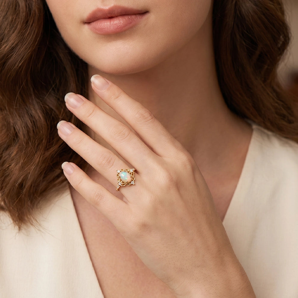 Aurora’s Sheen |  Classic Oval Opal Antique Engagement Ring.
