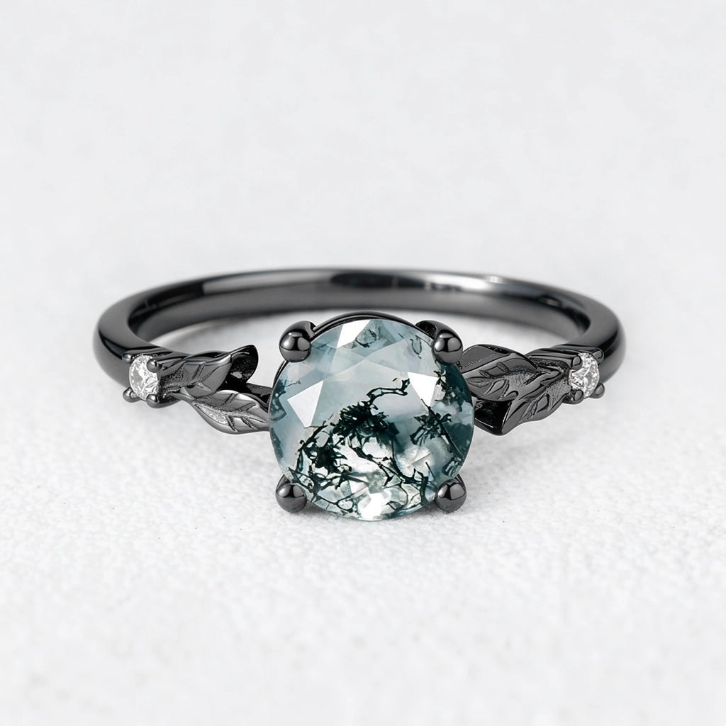 Aurelia’s Leaflet | Round Cut Moss Agate Leafy Engagement Ring