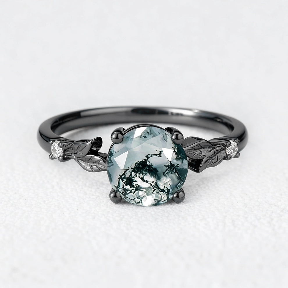 Aurelia’s Leaflet | Round Cut Moss Agate Leafy Engagement Ring