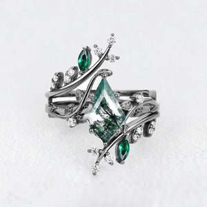 Sylvie’s Enclave | Kite Cut Moss Agate & Emerald Cage Leafy Bridal Set 2pcs