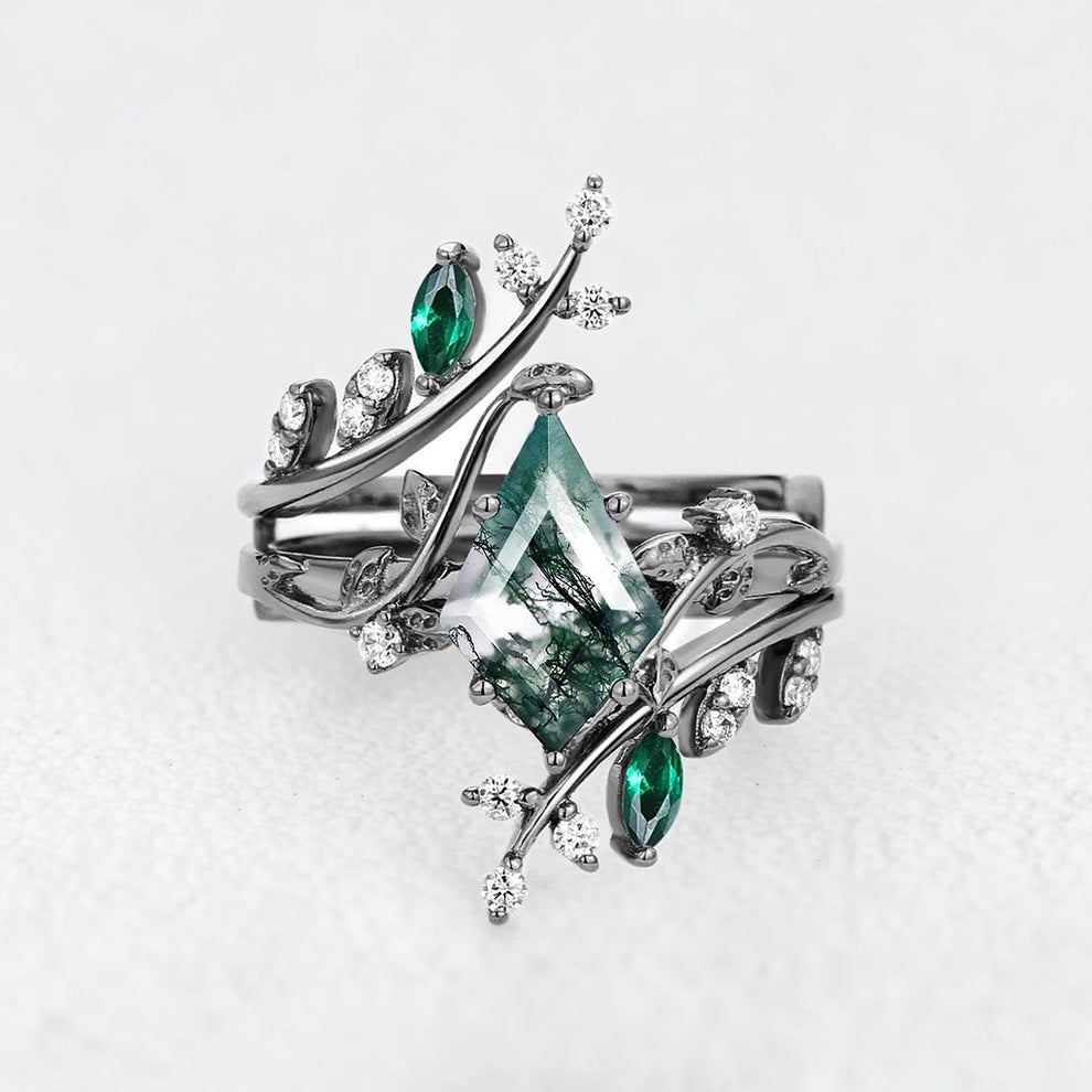 Sylvie’s Enclave | Kite Cut Moss Agate & Emerald Cage Leafy Bridal Set 2pcs
