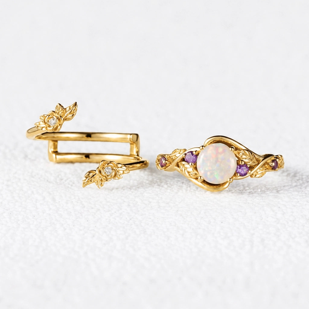 Rose’s Blossom | Round Opal & Amethyst Bridal Ring Set 2pcs