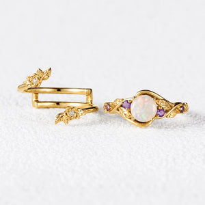 Rose’s Blossom | Round Opal & Amethyst Bridal Ring Set 2pcs