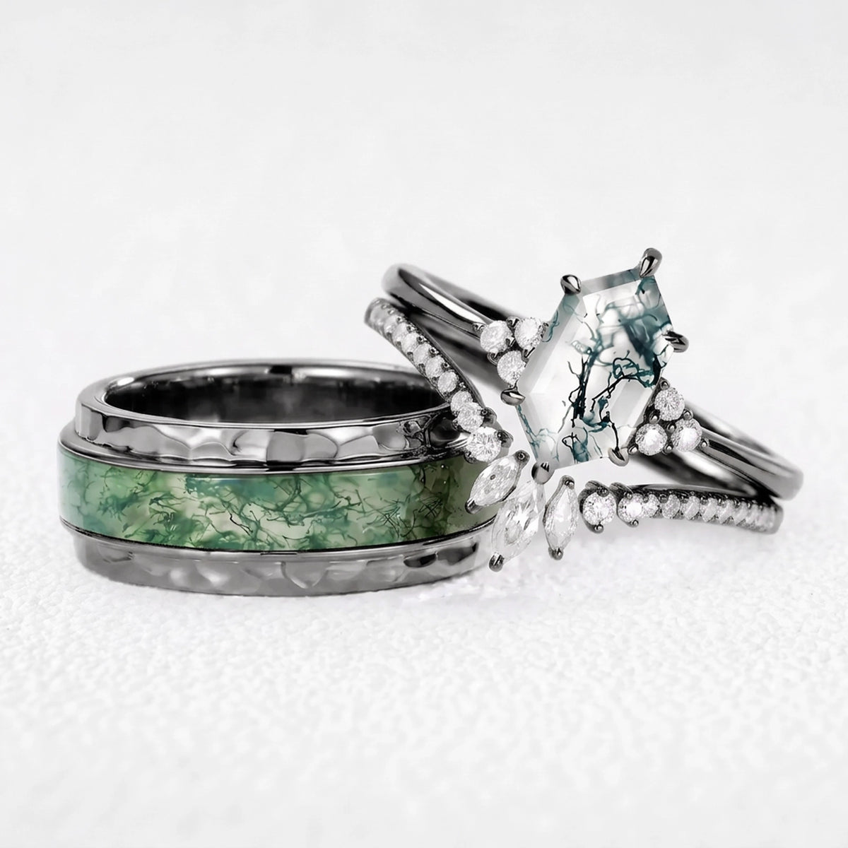 Genevieve’s Harmony | Luxurious Hexagon Moss Agate Bridal Set & 8MM Moss Inlay Band Couple Ring Set 3pcs