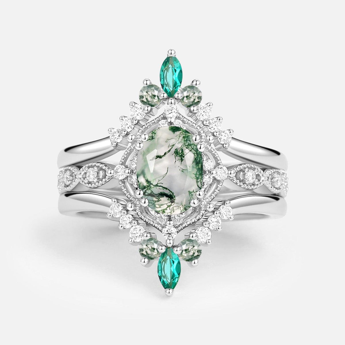 Vintage Oval Cut Moss Agate & Lab Emerald Signature Engagement Ring Set 3pcs.