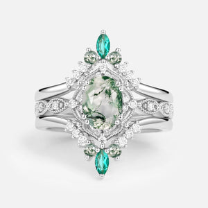 Vintage Oval Cut Moss Agate & Lab Emerald Signature Engagement Ring Set 3pcs.