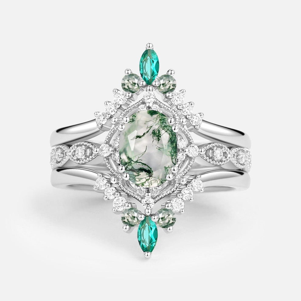 Vintage Oval Cut Moss Agate & Lab Emerald Signature Engagement Ring Set 3pcs.