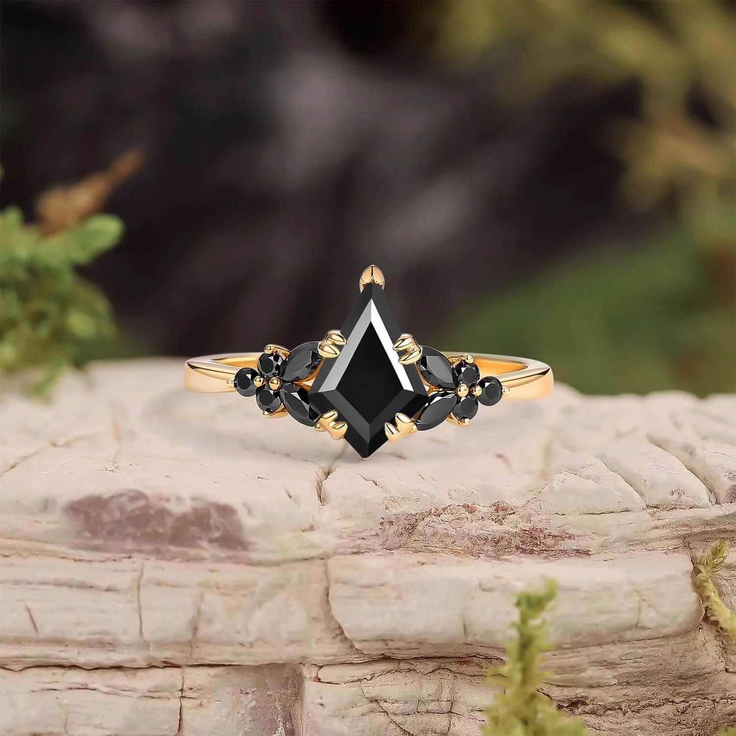 Elara’s Veil | Kite Cut Moss Agate & Onyx Leaf Engagement Ring.