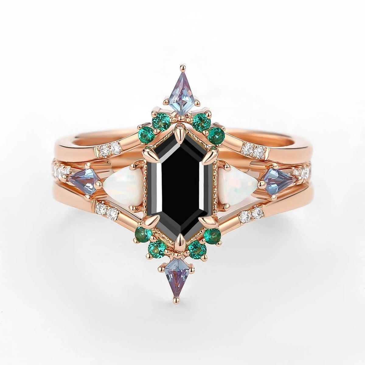 Max Hexagon Moss Agate & Opal & Emerald Engagement Ring Set 3pcs.