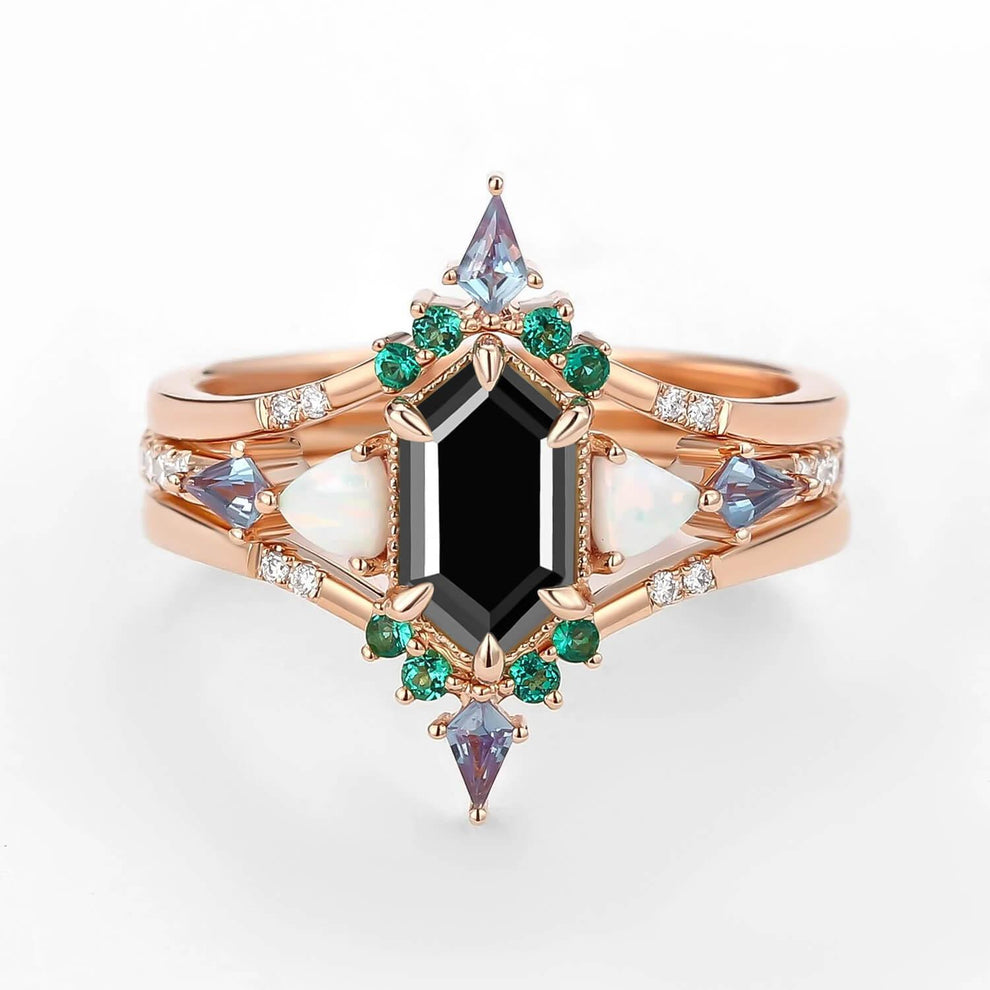Max Hexagon Moss Agate & Opal & Emerald Engagement Ring Set 3pcs.