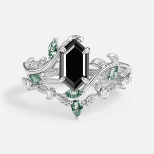 Daphne Moss Agate Hexagon Vine Emerald Engagement Ring Set 2pcs.