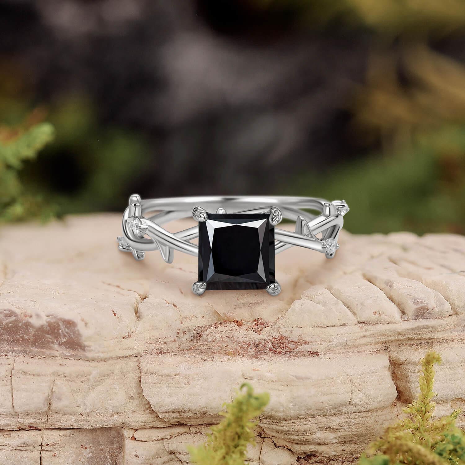 Nature Inspired Princess Cut Moss Agate Leafy Engagement Ring.