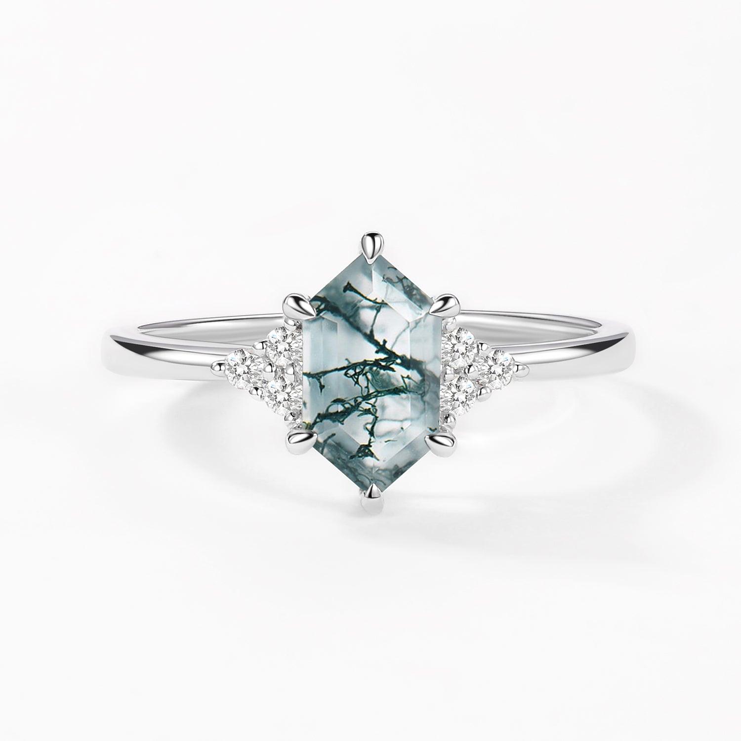 Nova Vintage Hexagon Moss Agate 3 Stone Engagement Ring.