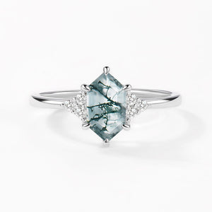 Nova Vintage Hexagon Moss Agate 3 Stone Engagement Ring.