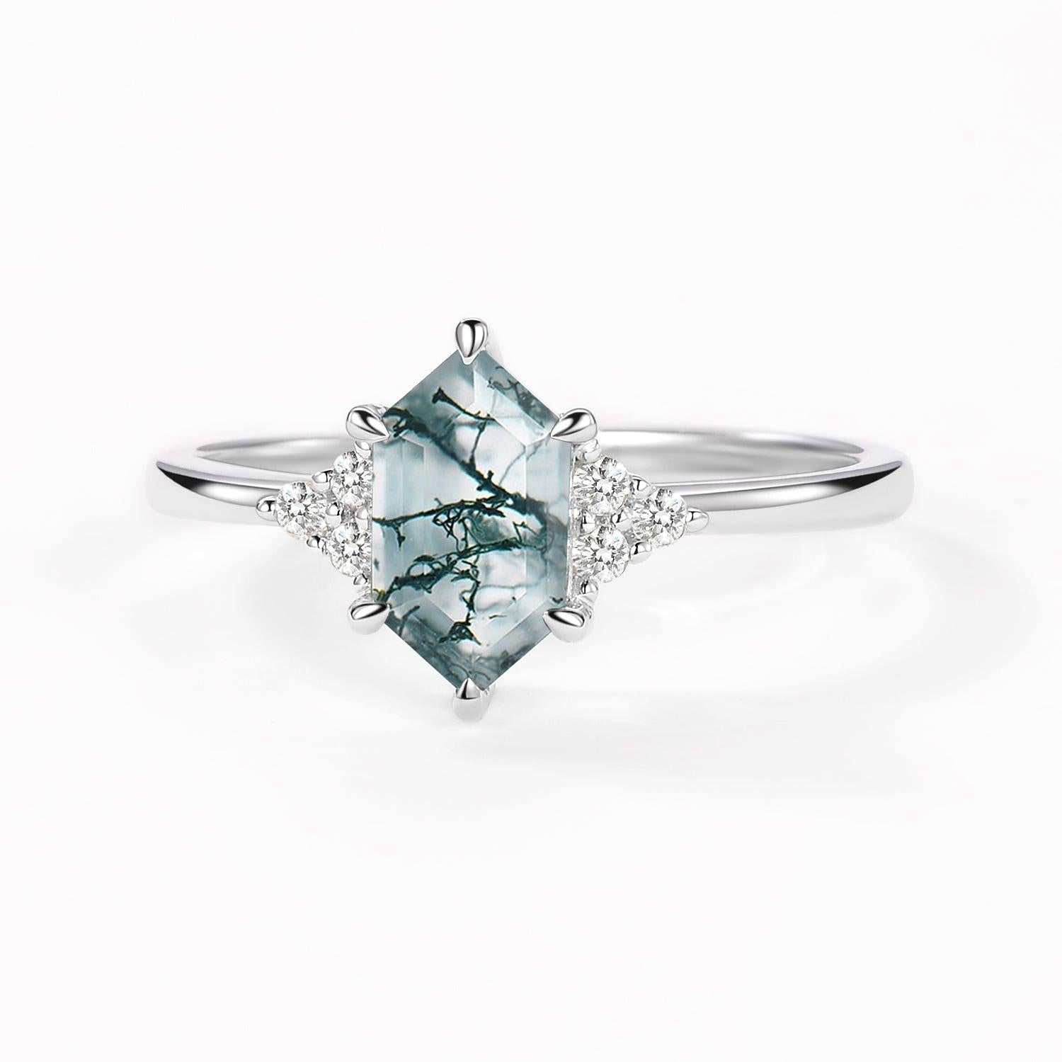 Nova Vintage Hexagon Moss Agate 3 Stone Engagement Ring.