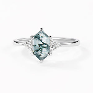 Nova Vintage Hexagon Moss Agate 3 Stone Engagement Ring.