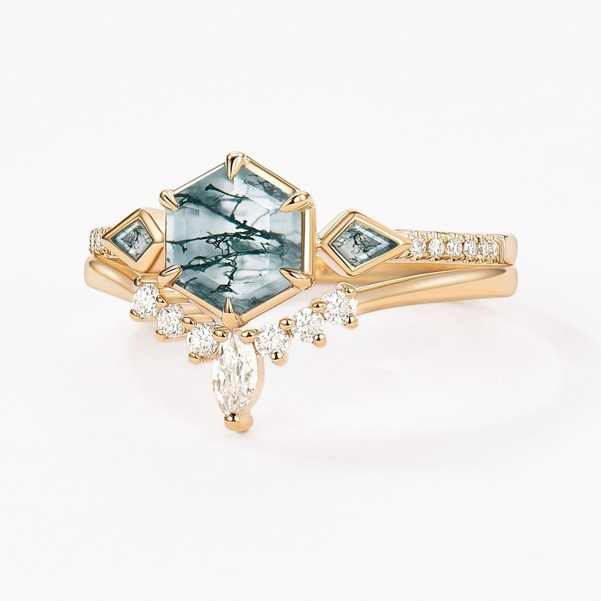 Linden’s Meadow |  Hexagon Moss Agate Three Stone Bridal Set 2pcs.