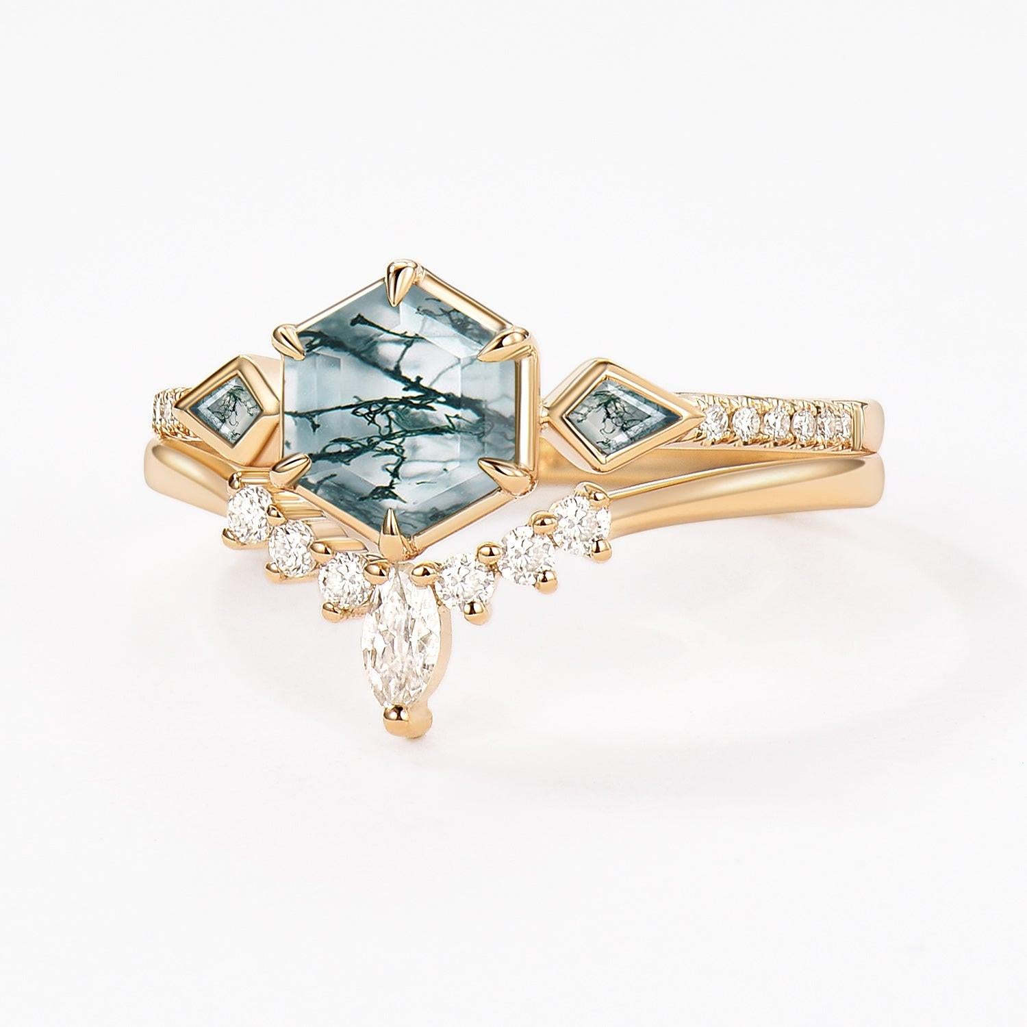 Linden’s Meadow |  Hexagon Moss Agate Three Stone Bridal Set 2pcs.