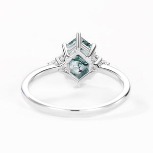 Nova Vintage Hexagon Moss Agate 3 Stone Engagement Ring.