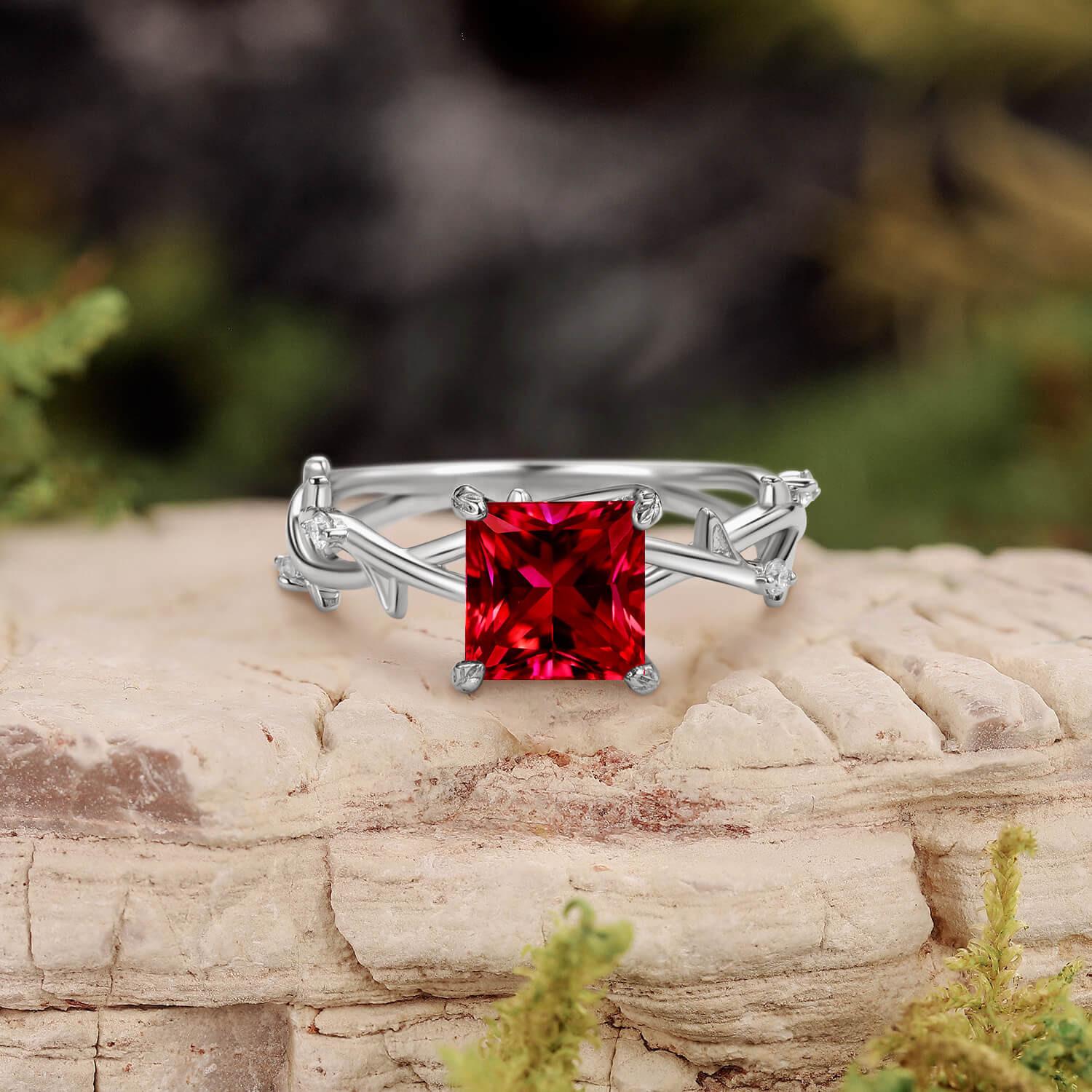 Nature Inspired Princess Cut Moss Agate Leafy Engagement Ring.