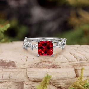Nature Inspired Princess Cut Moss Agate Leafy Engagement Ring.