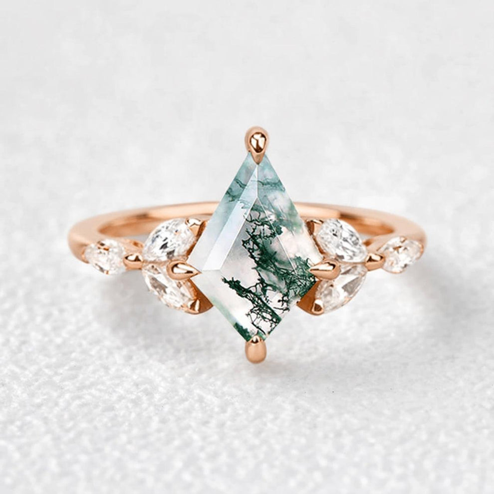 Enchanted Mistwood Kite Cut Moss Agate Ring.