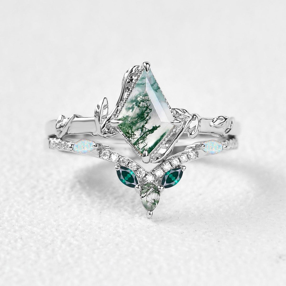 Sylvie’s Lark | Kite Cut Moss Agate, Opal & Emerald Leafy Bridal Set 2 pcs.