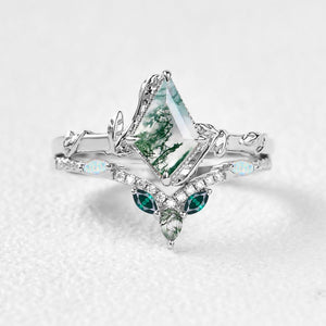 Sylvie’s Lark | Kite Cut Moss Agate, Opal & Emerald Leafy Bridal Set 2 pcs.