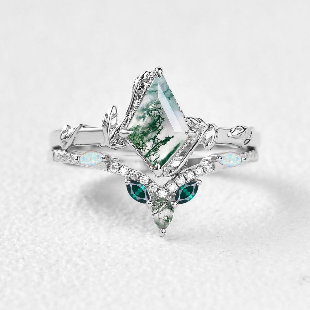 Sylvie’s Lark | Kite Cut Moss Agate, Opal & Emerald Leafy Bridal Set 2 pcs.