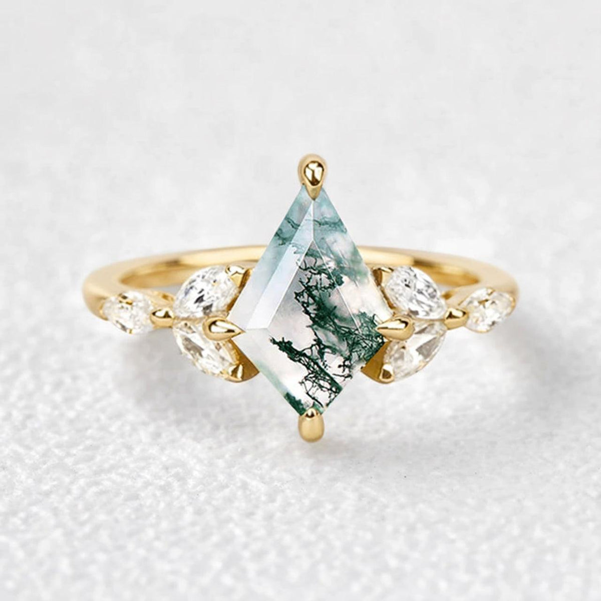 Enchanted Mistwood Kite Cut Moss Agate Ring.