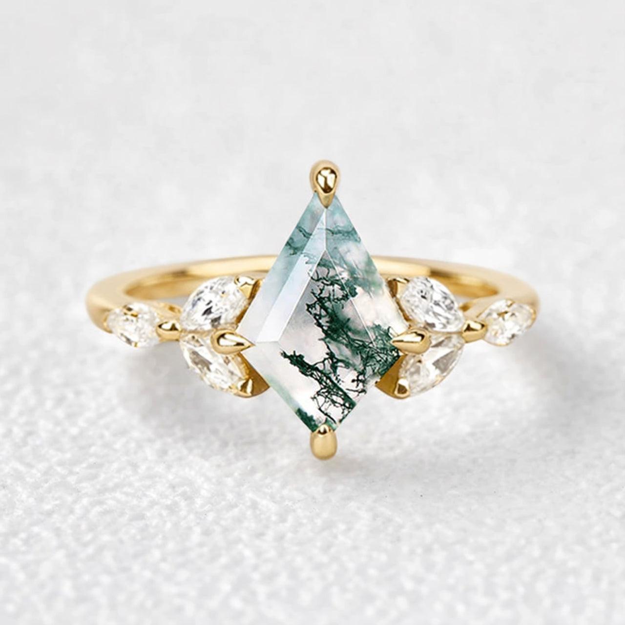 Enchanted Mistwood Kite Cut Moss Agate Ring.