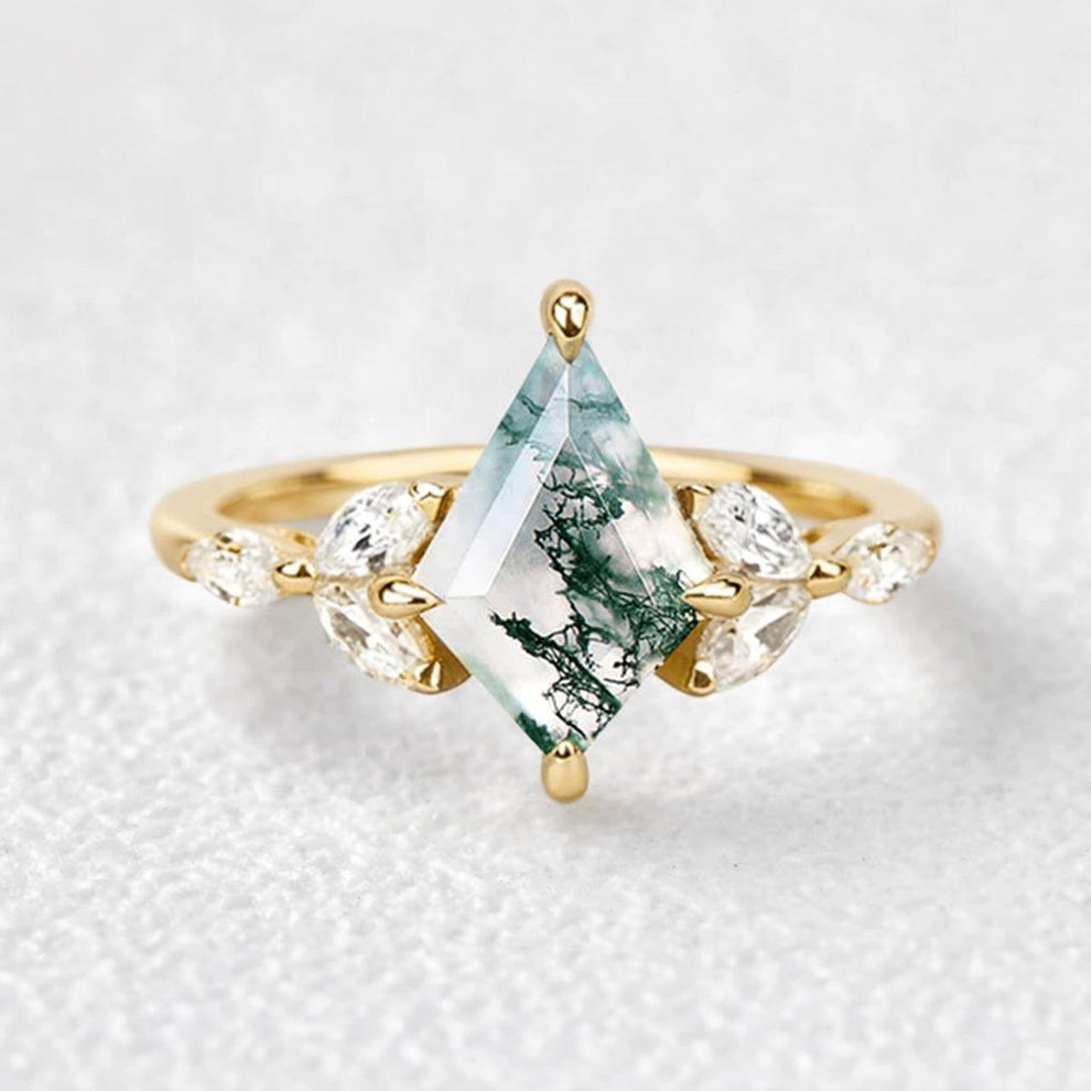 Enchanted Mistwood Kite Cut Moss Agate Ring.