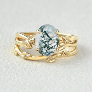 Twisted Leaf Oval Moss Agate Engagement Ring Sets 2pcs.