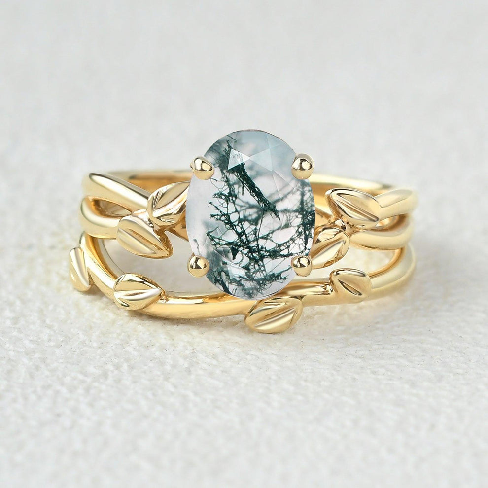 Twisted Leaf Oval Moss Agate Engagement Ring Sets 2pcs.
