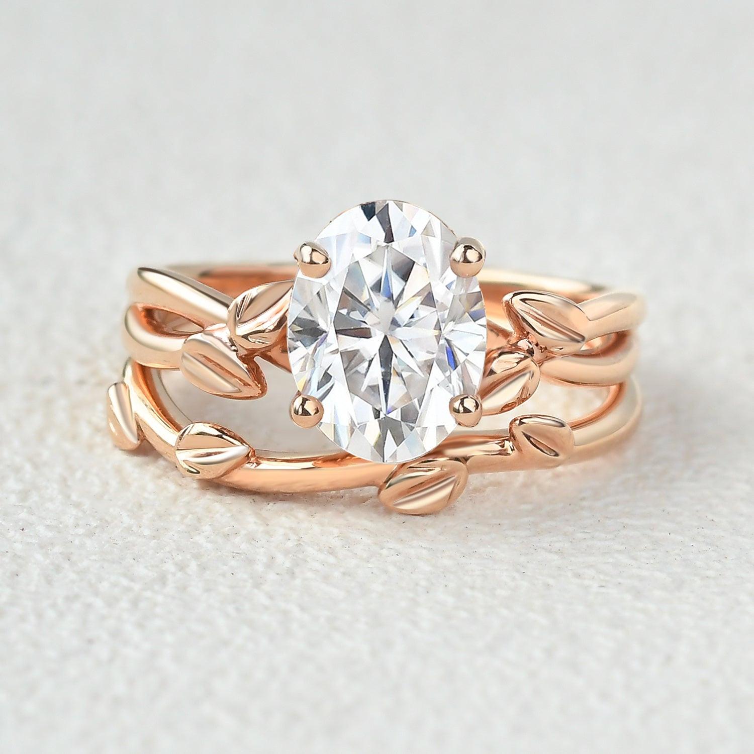 Twisted Leaf Oval Moss Agate Engagement Ring Sets 2pcs.