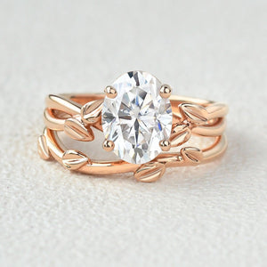 Twisted Leaf Oval Moss Agate Engagement Ring Sets 2pcs.