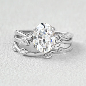 Twisted Leaf Oval Moss Agate Engagement Ring Sets 2pcs.