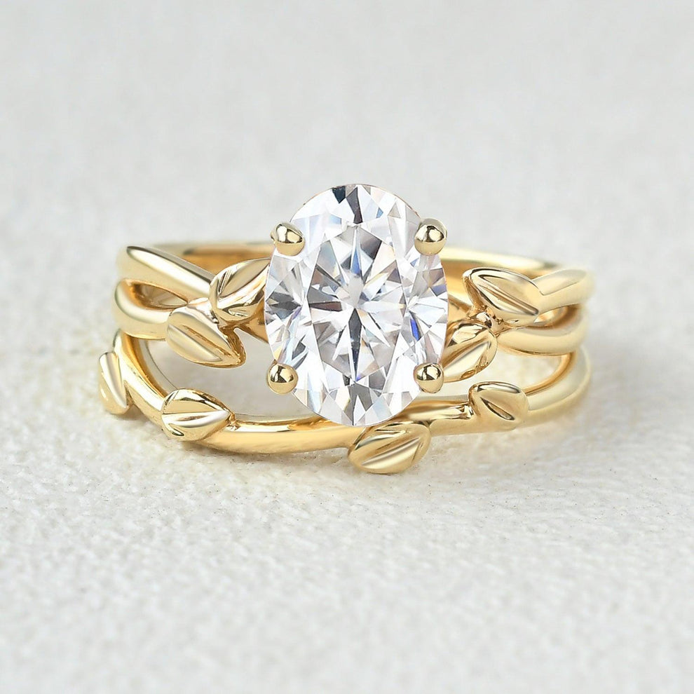 Twisted Leaf Oval Moss Agate Engagement Ring Sets 2pcs.