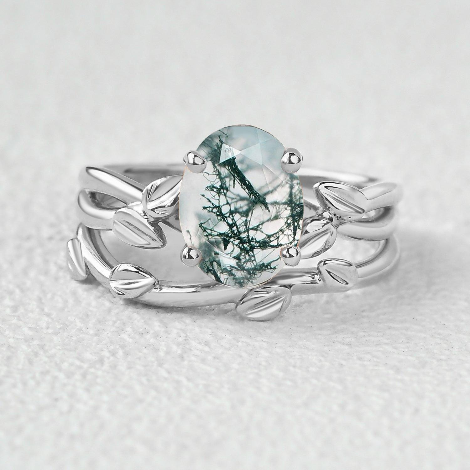 Twisted Leaf Oval Moss Agate Engagement Ring Sets 2pcs.