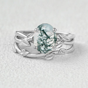 Twisted Leaf Oval Moss Agate Engagement Ring Sets 2pcs.