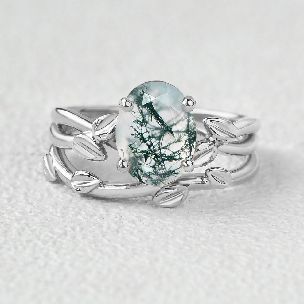 Twisted Leaf Oval Moss Agate Engagement Ring Sets 2pcs.