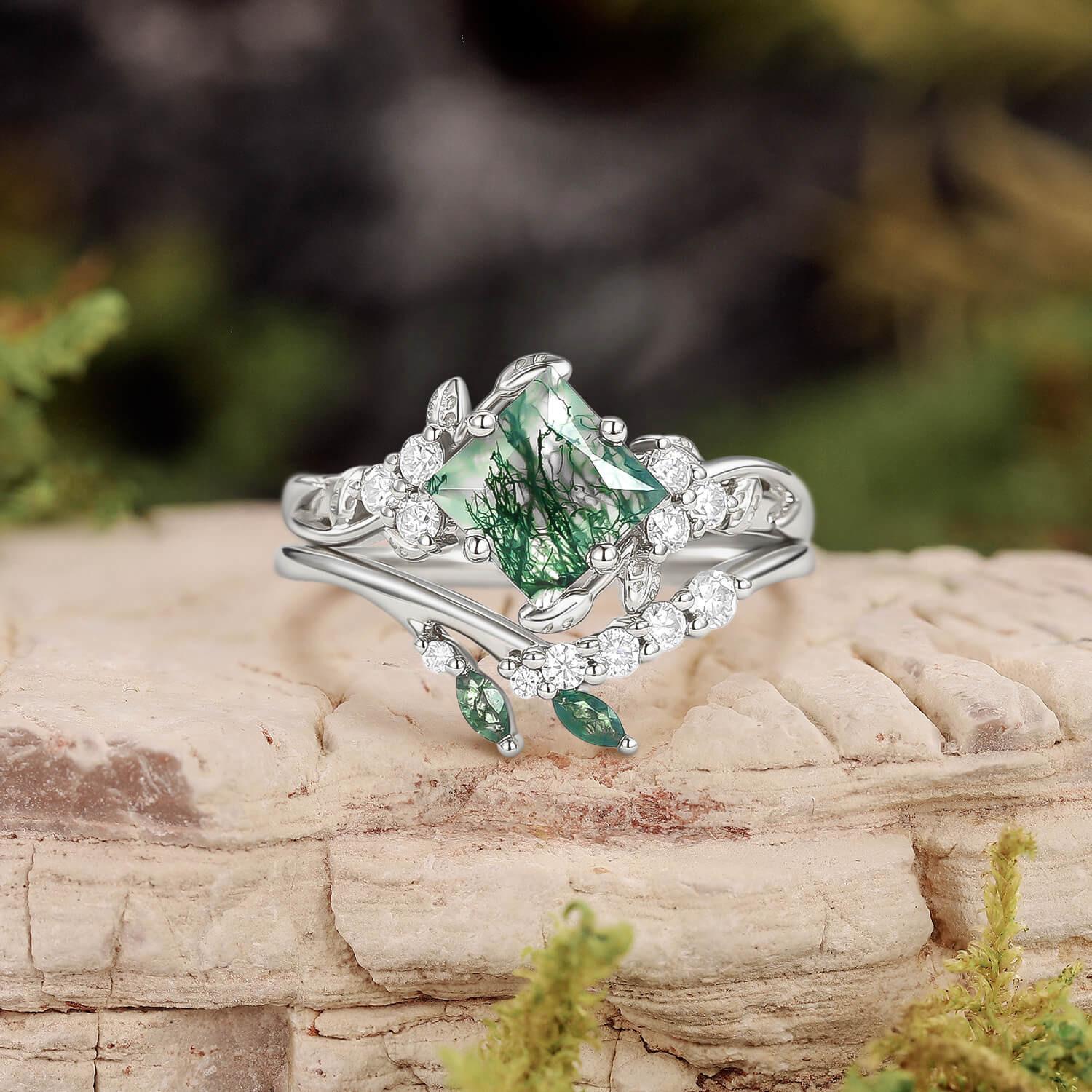 Nature Inspired Green Leafy Princess Cut Moss Agate Engagement Ring Set 2PCS.