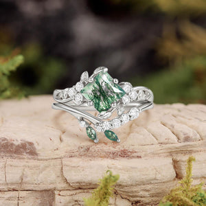 Nature Inspired Green Leafy Princess Cut Moss Agate Engagement Ring Set 2PCS.