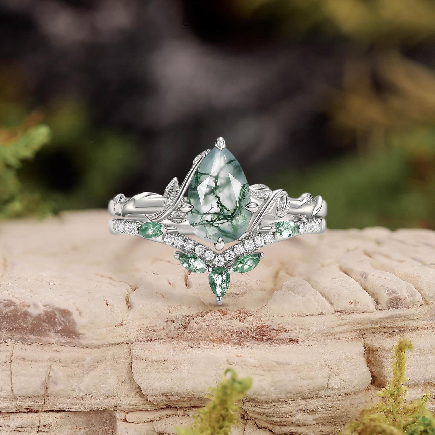 Lark Nature Inspired Pear Cut Moss Agate Leafy Ring Set 2pcs.