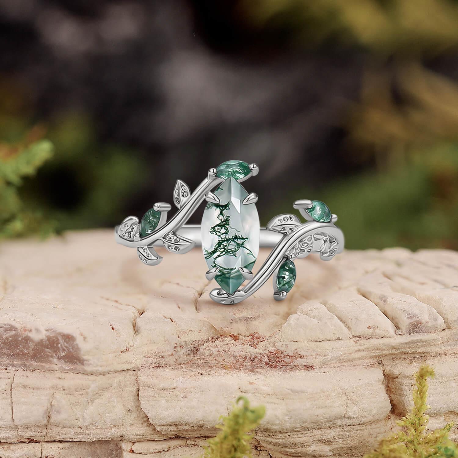 Vintage Marquise Cut Moss Agate Leafy Engagement Ring.