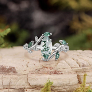Vintage Marquise Cut Moss Agate Leafy Engagement Ring.