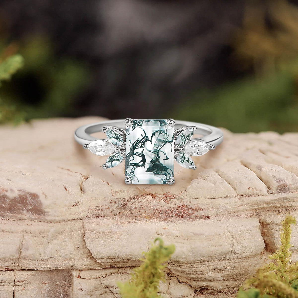 Aethra’s Pinions | Emerald Cut Moss Agate Cluster Wing Engagement Ring.
