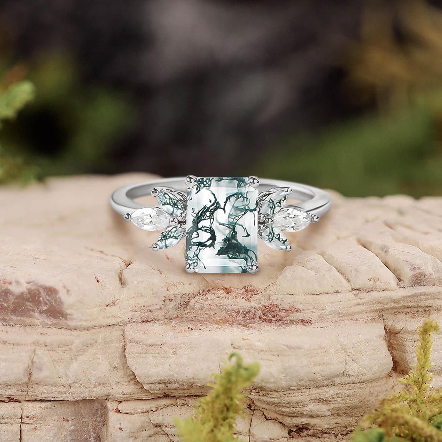Aethra’s Pinions | Emerald Cut Moss Agate Cluster Wing Engagement Ring.