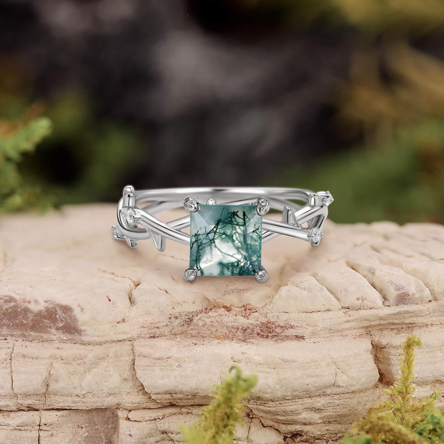 Nature Inspired Princess Cut Moss Agate Leafy Engagement Ring.