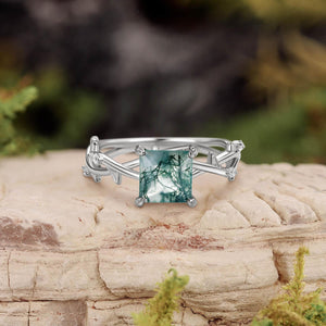 Nature Inspired Princess Cut Moss Agate Leafy Engagement Ring.